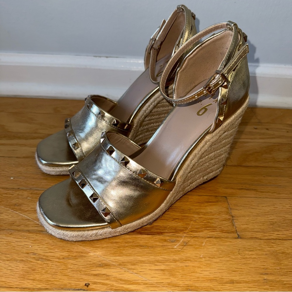 Mix No.6 Dreamm Soft Gold Studded Espadrille Wedge Sandals Metallic Size 7.5